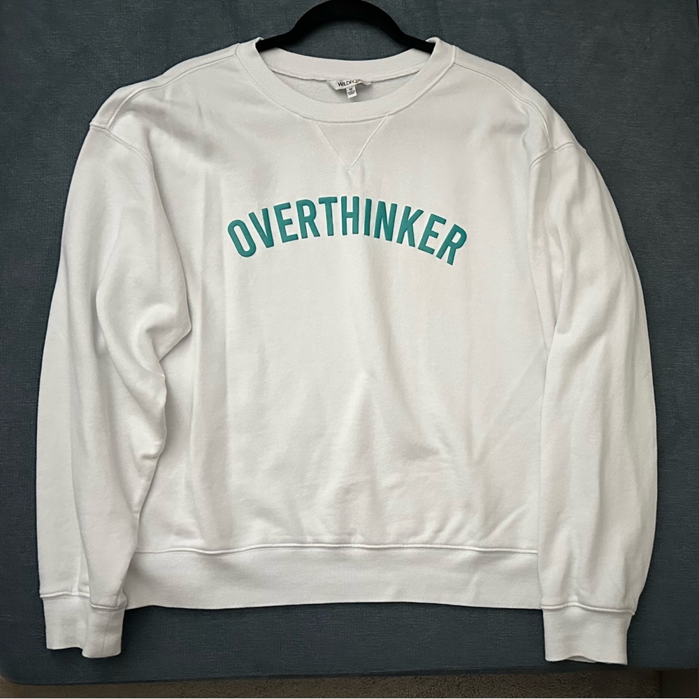 Wildfox “Overthinker” White Crewneck Sweater with Teal Print